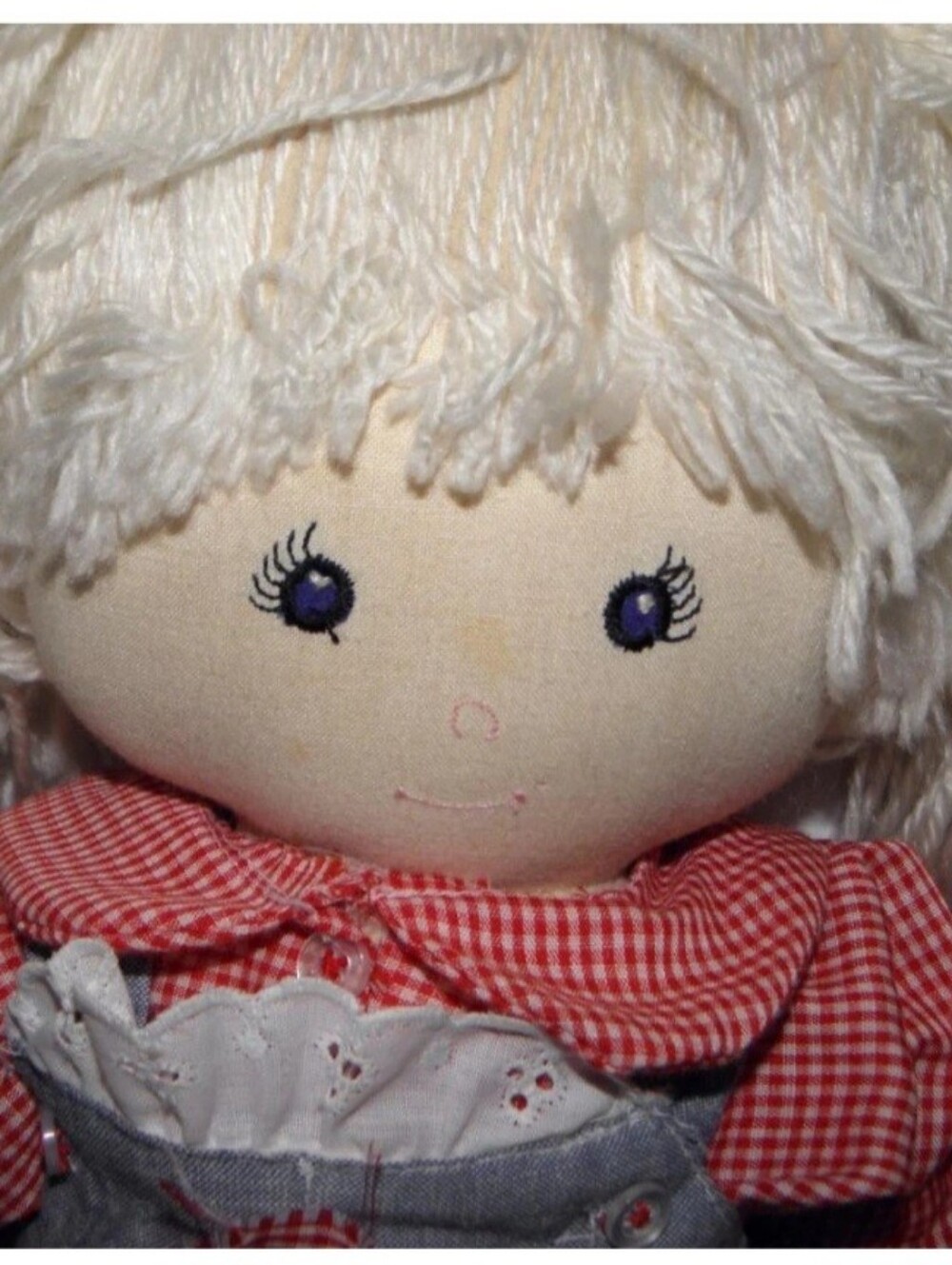 Vintage Handmade 1976 Farmer Girl Cloth Doll w/ Gingham Shirt Overalls Pigtails